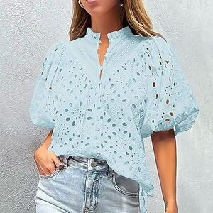 Elegant Sky Blue Eyelet Women's Blouse